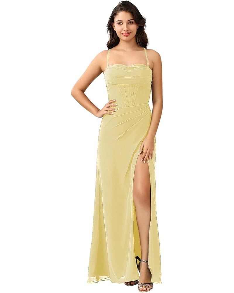 Spaghetti Straps Bridesmaid Dresses for Women Side Slit Chiffon Pleated Formal Evening Dress YMS292 Yellow $31.89 Dresses