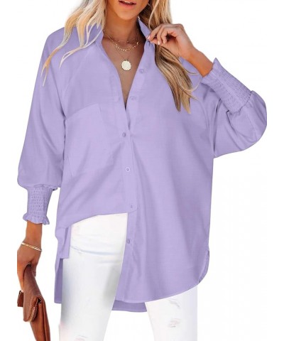 Women's Smocked Cuffed Striped Boyfriend Shirt with Pocket Casual Collar Long Sleeve Blouse Tops for Pocket Shirred Solid Pur...