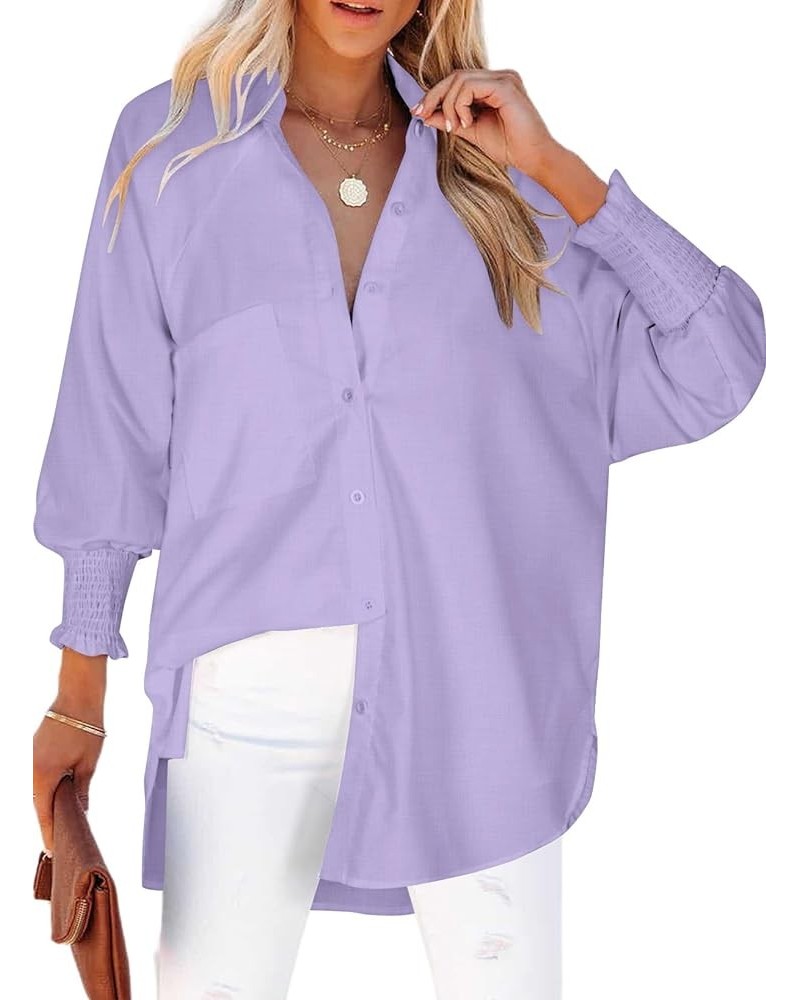 Women's Smocked Cuffed Striped Boyfriend Shirt with Pocket Casual Collar Long Sleeve Blouse Tops for Pocket Shirred Solid Pur...