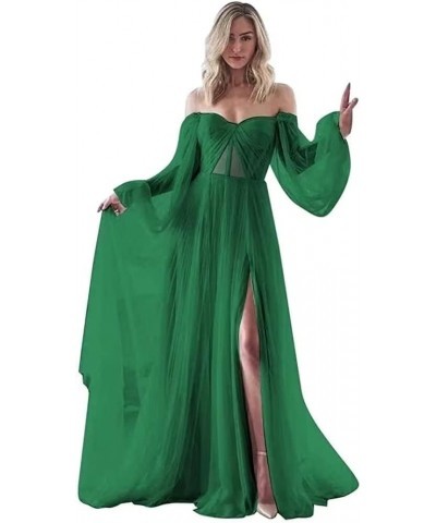 Women's Puffy Sleeves Prom Dresses Off The Shoulder Boho Wedding Dress A Line Long Tulle Ball Gowns with Slit Dark Green $37....