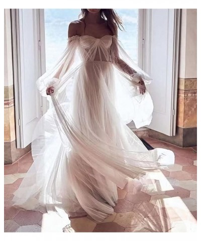 Women's Puffy Sleeves Prom Dresses Off The Shoulder Boho Wedding Dress A Line Long Tulle Ball Gowns with Slit Dark Green $37....