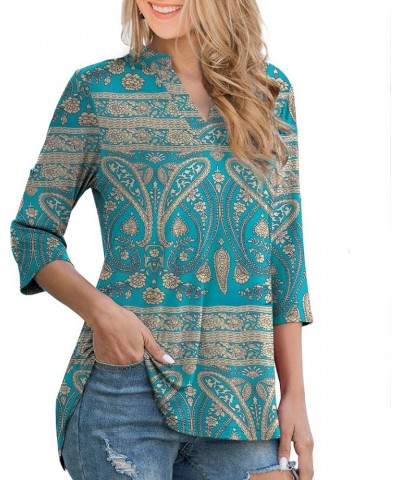 Womens Floral Printed Tunic Tops 3/4 Roll Sleeve V Neck Blouses Long Sleeve Shirts for Women 3/4 Sleeve Multi Green $12.30 Tops