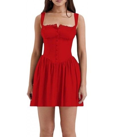 Women Y2k Square Neck Midi Dress Sleeveless Low Cut Tie Front Corset Dress Flowy A Line Long Sundress Lace Trim Mini Red $13....