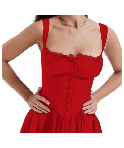 Women Y2k Square Neck Midi Dress Sleeveless Low Cut Tie Front Corset Dress Flowy A Line Long Sundress Lace Trim Mini Red $13....