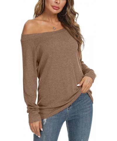 Womens Cute Sexy Off Shoulder Blouses Long Sleeve Boat Neck Tunics Tops Brown $7.64 Tops