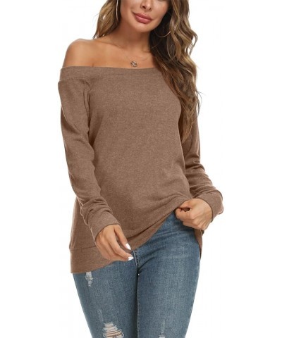 Womens Cute Sexy Off Shoulder Blouses Long Sleeve Boat Neck Tunics Tops Brown $7.64 Tops