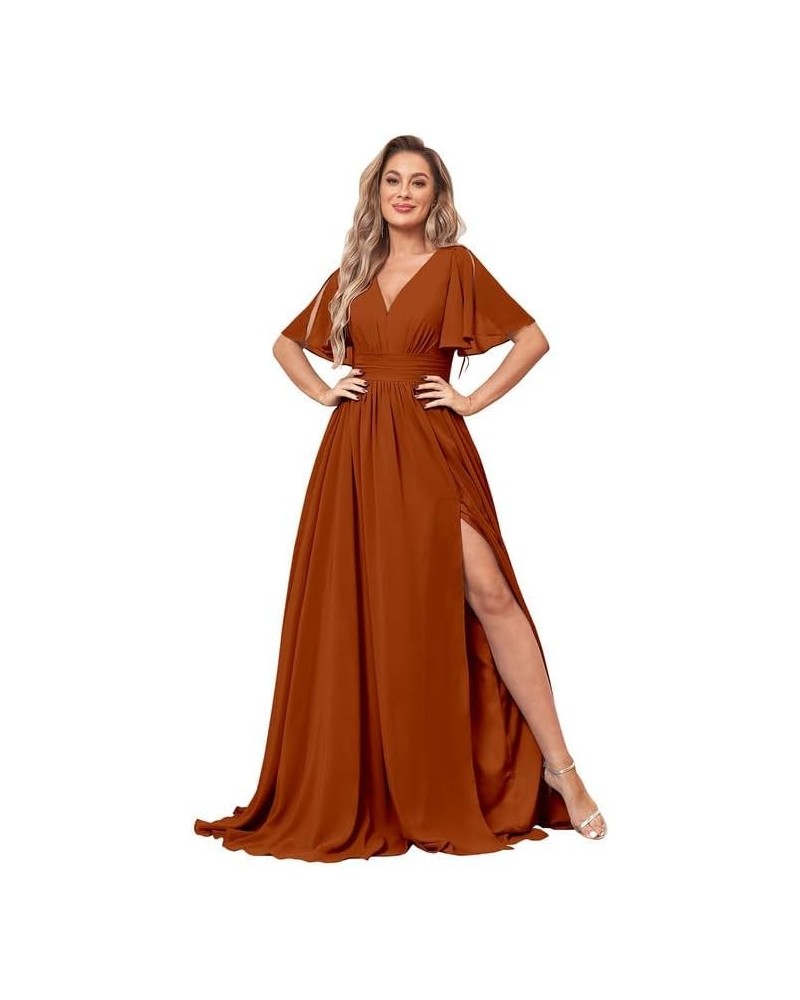 Ruffle Sleeve Bridesmaid Dresses for Wedding Long Chiffon V Neck Pleated Formal Dresses with Slit Floor Length Burnt Orange $...