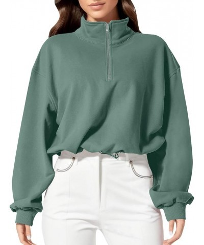 Womens Crop Sweatshirt Oversized Half Zip Stand Collar Pullover Tops Activewear Jacket Bean Green $15.90 Hoodies & Sweatshirts