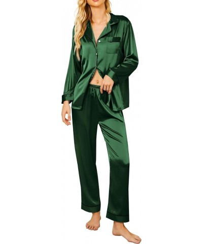 Silk Pajamas Women's Long Sleeve Sleepwear Satin Soft Button Down Loungewear Pjs Set S-XXL Dark Green $13.64 Sleep & Lounge