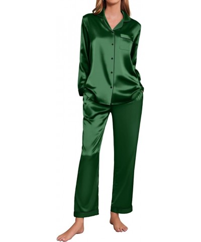 Silk Pajamas Women's Long Sleeve Sleepwear Satin Soft Button Down Loungewear Pjs Set S-XXL Dark Green $13.64 Sleep & Lounge