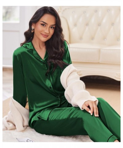 Silk Pajamas Women's Long Sleeve Sleepwear Satin Soft Button Down Loungewear Pjs Set S-XXL Dark Green $13.64 Sleep & Lounge