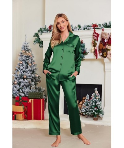 Silk Pajamas Women's Long Sleeve Sleepwear Satin Soft Button Down Loungewear Pjs Set S-XXL Dark Green $13.64 Sleep & Lounge