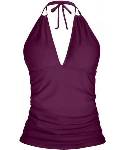 Women's Halter Tankini Top No Bottom V Neck Swim Top Tummy Control Bathing Suit Top Purple $18.54 Swimsuits