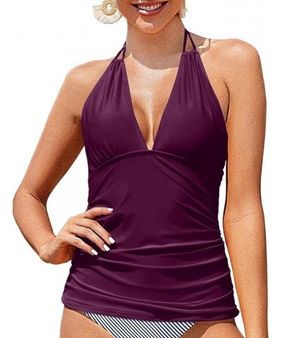 Women's Halter Tankini Top No Bottom V Neck Swim Top Tummy Control Bathing Suit Top Purple $18.54 Swimsuits