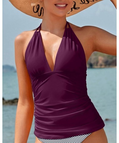 Women's Halter Tankini Top No Bottom V Neck Swim Top Tummy Control Bathing Suit Top Purple $18.54 Swimsuits