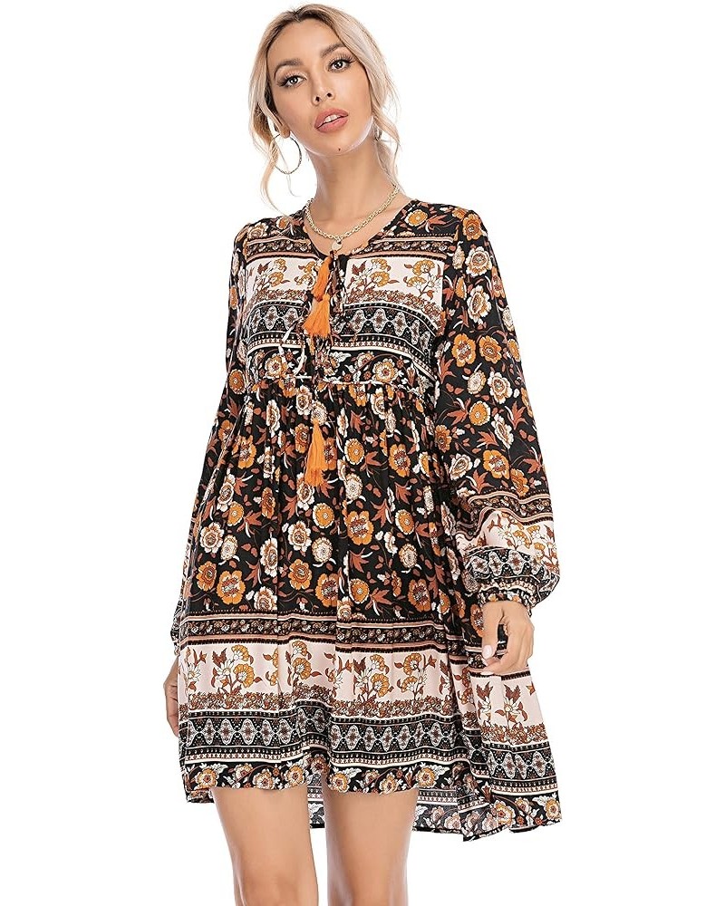 Womens Long Sleeve Floral Casual Print Cotton Mini Tunic Dress Multi Black $21.45 Dresses