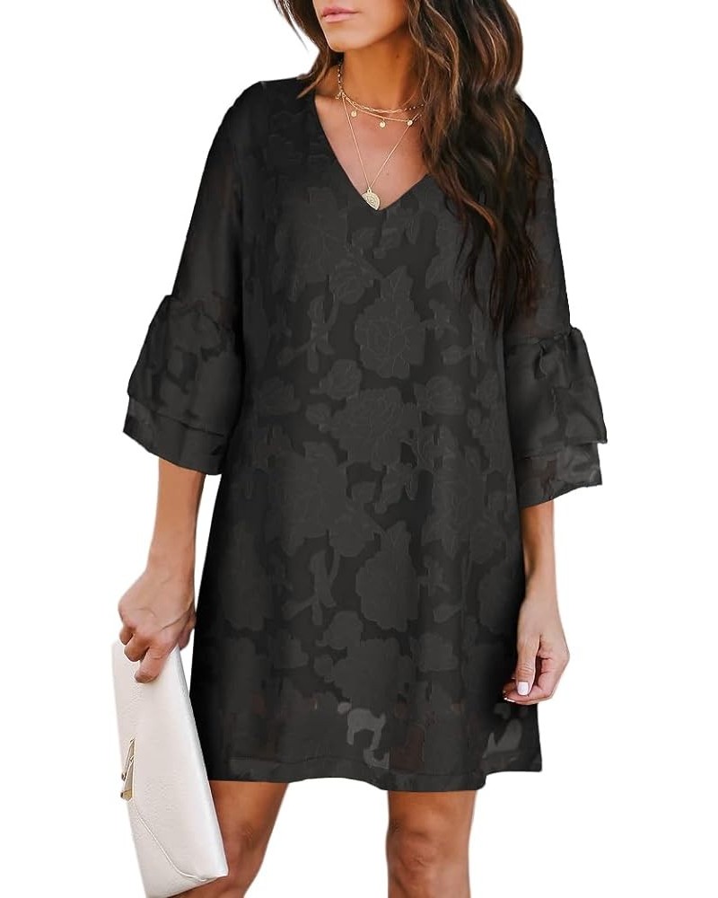 Women's 2024 Summer Dress Sweet & Cute V-Neck Self Tie 3/4 Sleeve Casual Shift Dress O2: Black $21.07 Dresses