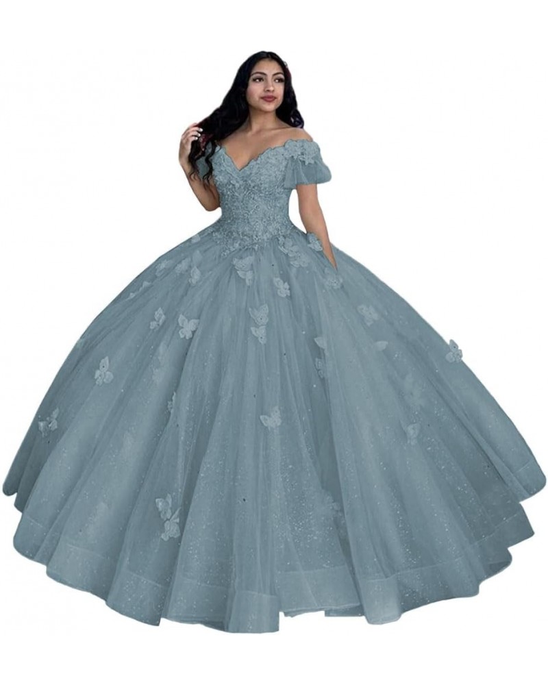 Off Shoulder Quinceanera Dresses Ball Gown 3D Butterfly Sweet 16 Dresses for Teens Puffy Tulle Pageant Gown CXL086 Dusty Blue...