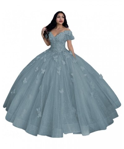 Off Shoulder Quinceanera Dresses Ball Gown 3D Butterfly Sweet 16 Dresses for Teens Puffy Tulle Pageant Gown CXL086 Dusty Blue...