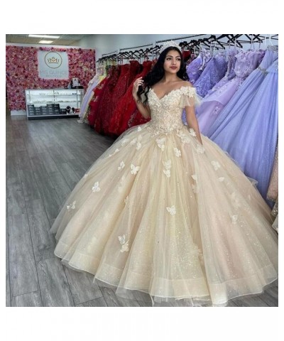 Off Shoulder Quinceanera Dresses Ball Gown 3D Butterfly Sweet 16 Dresses for Teens Puffy Tulle Pageant Gown CXL086 Dusty Blue...