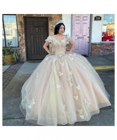 Off Shoulder Quinceanera Dresses Ball Gown 3D Butterfly Sweet 16 Dresses for Teens Puffy Tulle Pageant Gown CXL086 Dusty Blue...