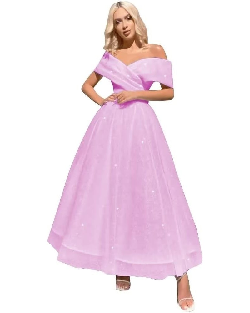 Off Shoulder Tulle Prom Dresses Tea Length Ball Gown Sparkly Formal Evening Party Gowns Lilac $40.80 Dresses