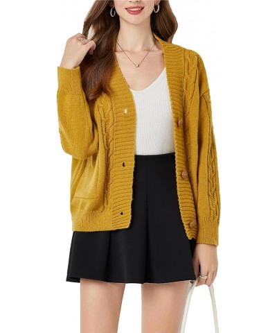 Women's Open Front Button Cardigan Sweater - Cute Long Sleeve Knit Short Outerwear Warm Coat with Pockets Yellow $13.68 Sweaters