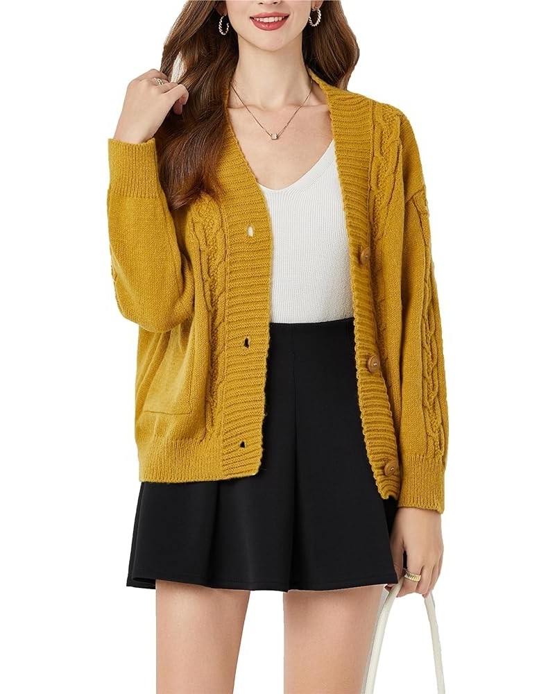 Women's Open Front Button Cardigan Sweater - Cute Long Sleeve Knit Short Outerwear Warm Coat with Pockets Yellow $13.68 Sweaters