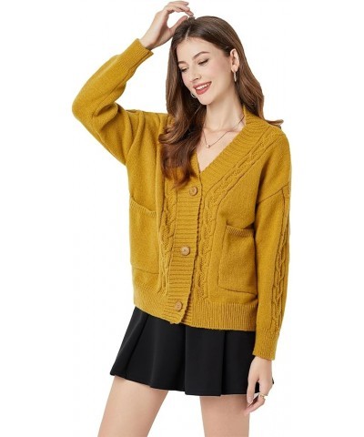 Women's Open Front Button Cardigan Sweater - Cute Long Sleeve Knit Short Outerwear Warm Coat with Pockets Yellow $13.68 Sweaters