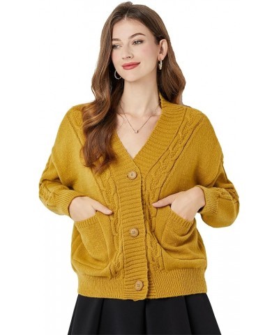 Women's Open Front Button Cardigan Sweater - Cute Long Sleeve Knit Short Outerwear Warm Coat with Pockets Yellow $13.68 Sweaters