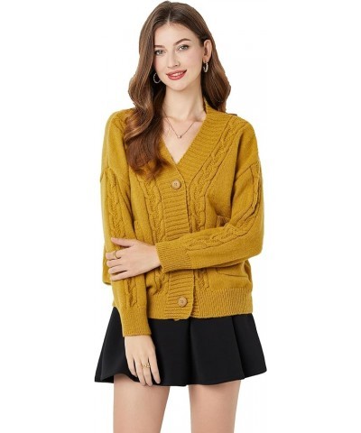 Women's Open Front Button Cardigan Sweater - Cute Long Sleeve Knit Short Outerwear Warm Coat with Pockets Yellow $13.68 Sweaters