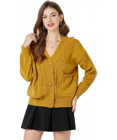 Women's Open Front Button Cardigan Sweater - Cute Long Sleeve Knit Short Outerwear Warm Coat with Pockets Yellow $13.68 Sweaters