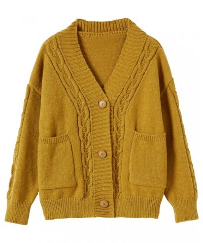 Women's Open Front Button Cardigan Sweater - Cute Long Sleeve Knit Short Outerwear Warm Coat with Pockets Yellow $13.68 Sweaters