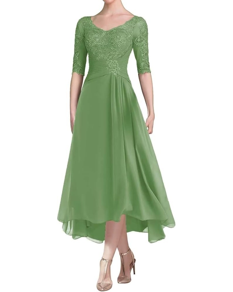 Tea Length Mother of The Bride Dresses with Sleeves Laces Appliques Ruched Chiffon Formal Evening Gowns Dusty Sage $35.25 Dre...