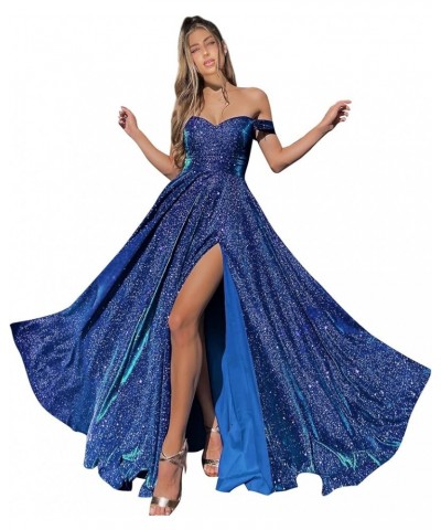 Off The Shoulder Prom Dresses with Pockets High Slit for Women A Line Glitter Formal Evening Gown Royal Blue $29.40 Dresses