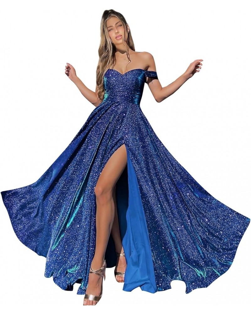 Off The Shoulder Prom Dresses with Pockets High Slit for Women A Line Glitter Formal Evening Gown Royal Blue $29.40 Dresses