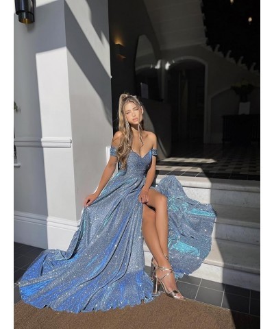 Off The Shoulder Prom Dresses with Pockets High Slit for Women A Line Glitter Formal Evening Gown Royal Blue $29.40 Dresses