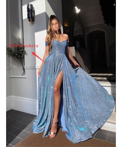 Off The Shoulder Prom Dresses with Pockets High Slit for Women A Line Glitter Formal Evening Gown Royal Blue $29.40 Dresses