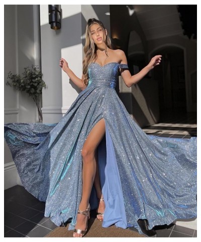 Off The Shoulder Prom Dresses with Pockets High Slit for Women A Line Glitter Formal Evening Gown Royal Blue $29.40 Dresses