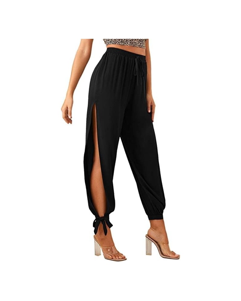 Women's Elastic High Waisted Split Side Knot Hem Pants Solid Black XXXXL $10.06 Pants