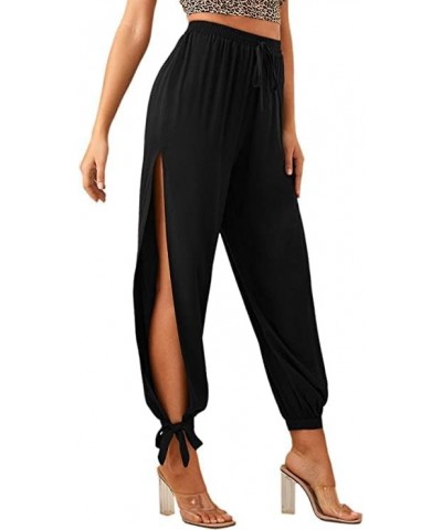 Women's Elastic High Waisted Split Side Knot Hem Pants Solid Black XXXXL $10.06 Pants