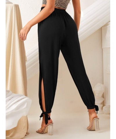 Women's Elastic High Waisted Split Side Knot Hem Pants Solid Black XXXXL $10.06 Pants