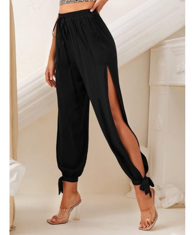 Women's Elastic High Waisted Split Side Knot Hem Pants Solid Black XXXXL $10.06 Pants