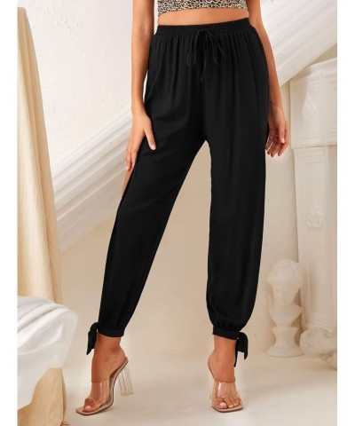 Women's Elastic High Waisted Split Side Knot Hem Pants Solid Black XXXXL $10.06 Pants