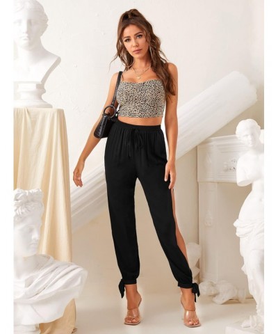 Women's Elastic High Waisted Split Side Knot Hem Pants Solid Black XXXXL $10.06 Pants