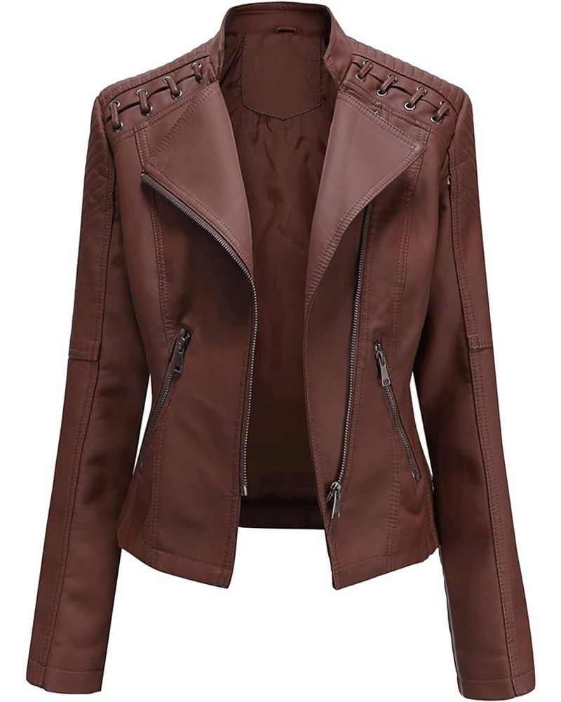 Womens Faux Leather Long Sleeve Jackets Quilted Moto Outwear Slim Lapel Coats Dark Brown $19.66 Coats