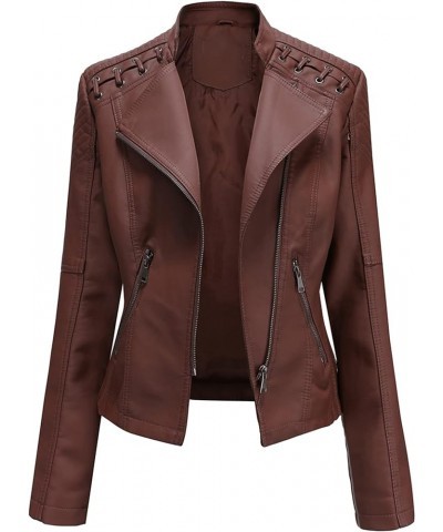 Womens Faux Leather Long Sleeve Jackets Quilted Moto Outwear Slim Lapel Coats Dark Brown $19.66 Coats