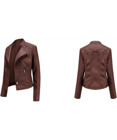 Womens Faux Leather Long Sleeve Jackets Quilted Moto Outwear Slim Lapel Coats Dark Brown $19.66 Coats