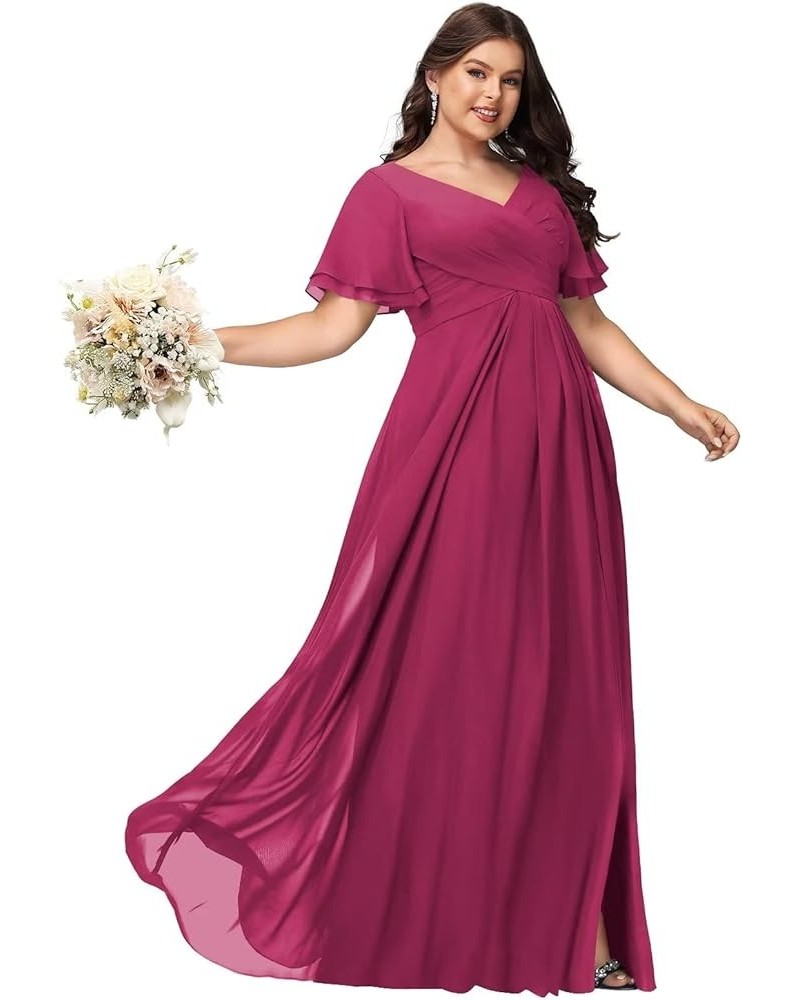 Womens V-Neck Split Bridesmaid Dress Long with Pockets Pleated Chiffon Formal Dress with Short Sleeve BF17 Fuchsia $35.35 Dre...