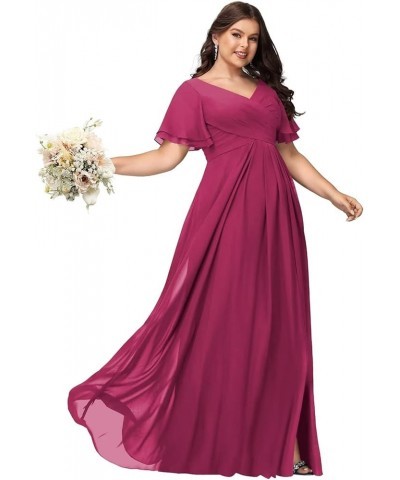 Womens V-Neck Split Bridesmaid Dress Long with Pockets Pleated Chiffon Formal Dress with Short Sleeve BF17 Fuchsia $35.35 Dre...